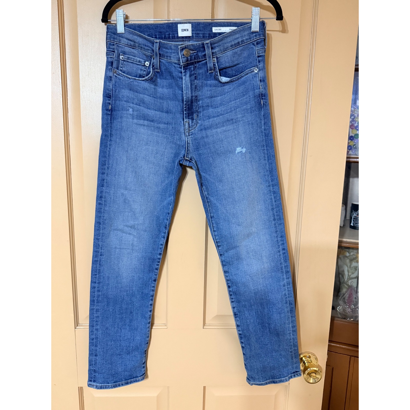 Edwin Elin Crop Straight Jeans Womens 28 Medium Wash Blue Distressed Denim